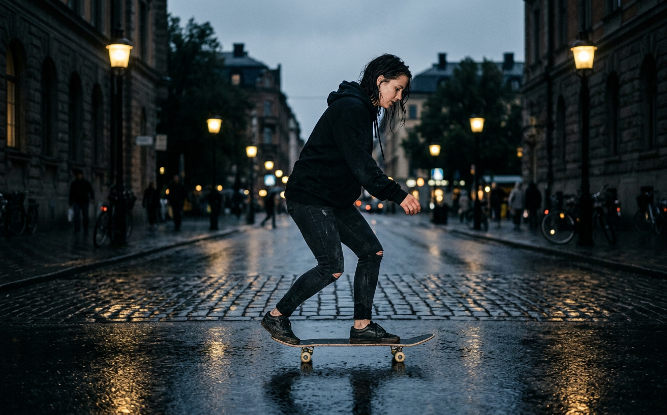 Kvinna lär sig skatea på regnvåt Stockholmsgata i skymningen