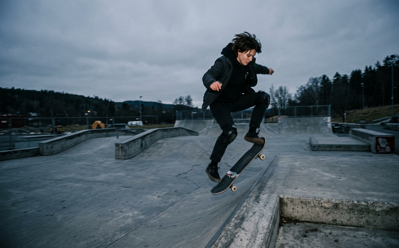 Kvinna skatar tricks på betongpark i skymningen