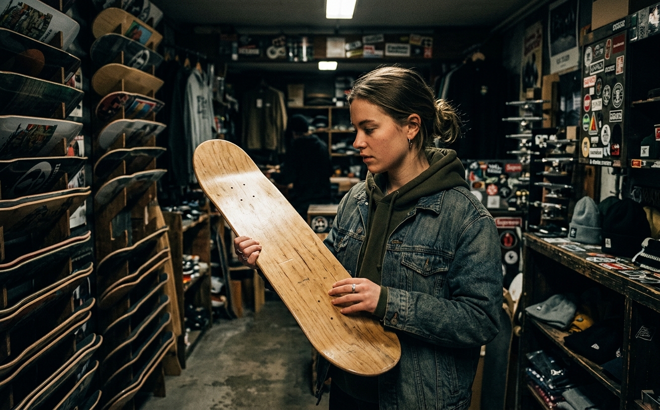 Kvinna granskar ett skateboard-deck i en skatebutik