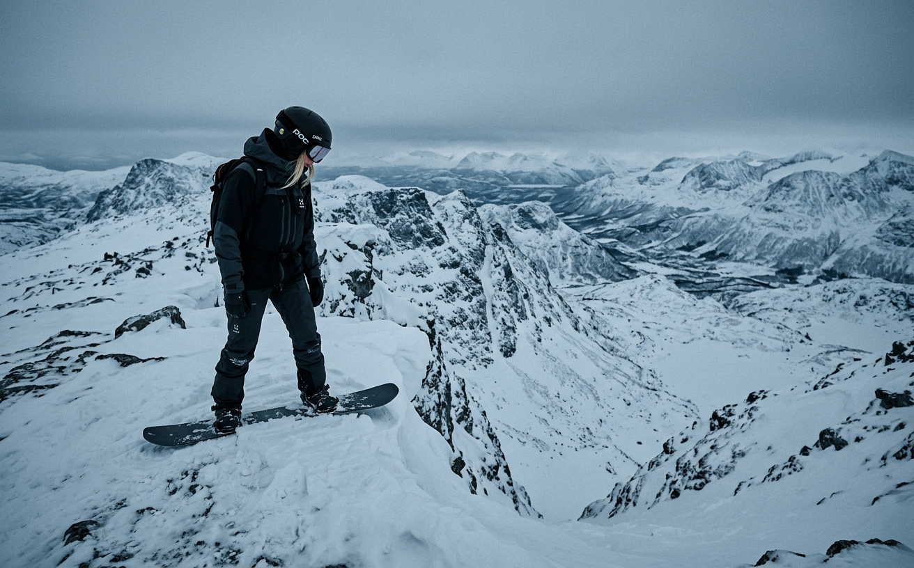 Kvinna på snowboard på toppen av en snöig backe i Riksgränsen med grå nordikhimmel