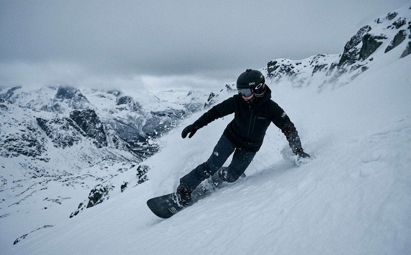 Kvinna snowboarder carvar djup snö på en brant backe i svenska fjällen