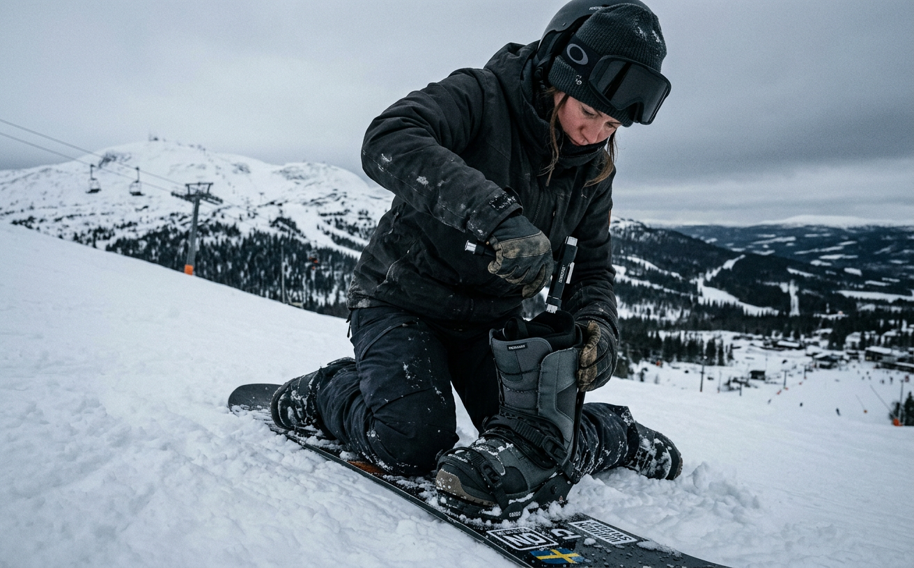Kvinna justerar snowboard-bindningar på snö med skidorten i bakgrunden