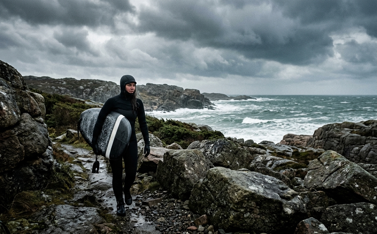 Kvinna i svart våtdräkt bär en surfbräda längs en klippig Bohuslänskust med grå himmel