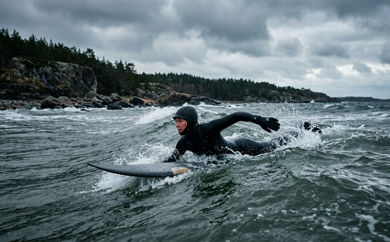 Kvinna i svart våtdräkt paddlar surfbräda genom gröna grå svenska vågor vid klippig kust