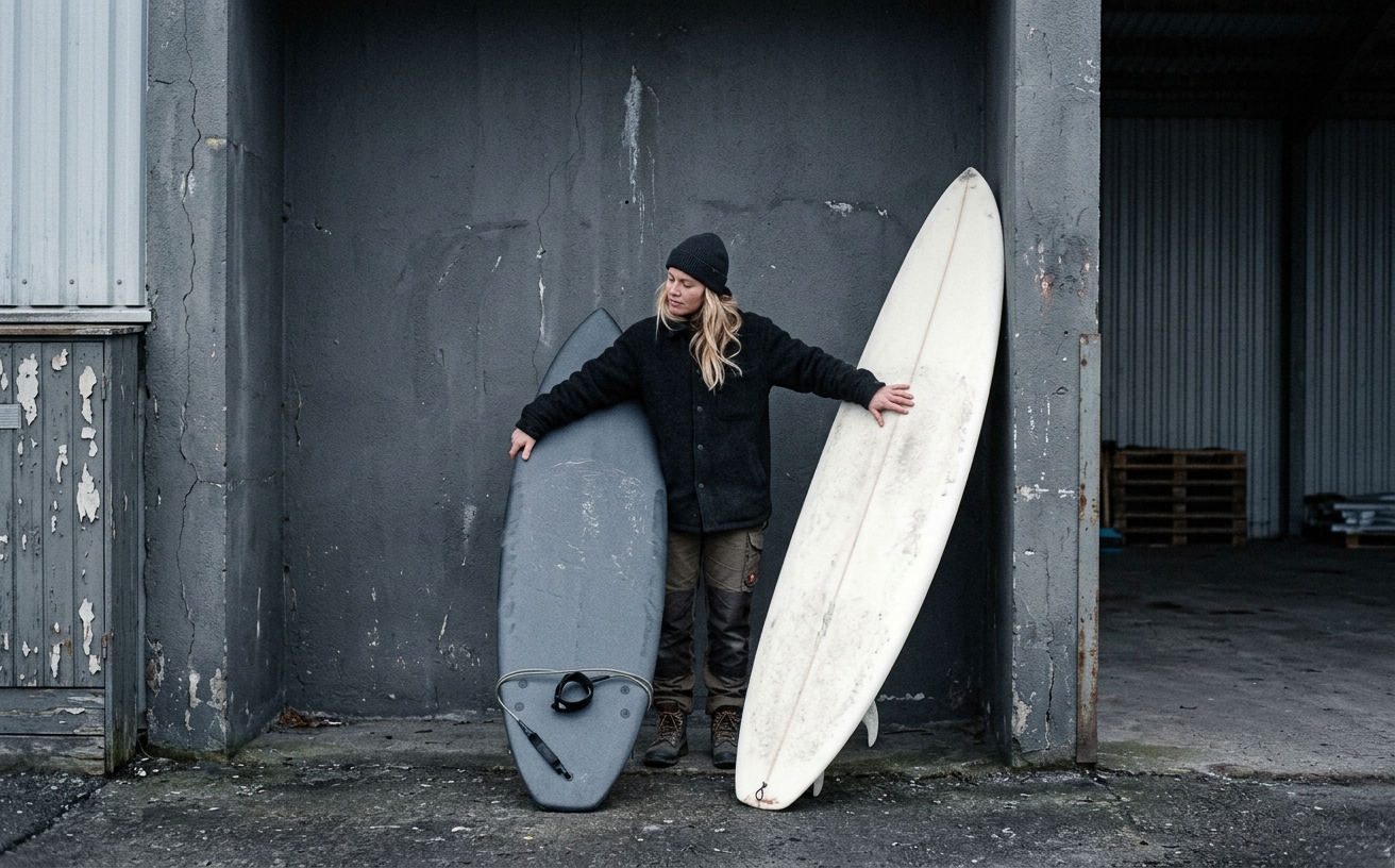 Kvinna jämför två surfbrädor mot en mörk betongvägg i ett industriellt utrymme