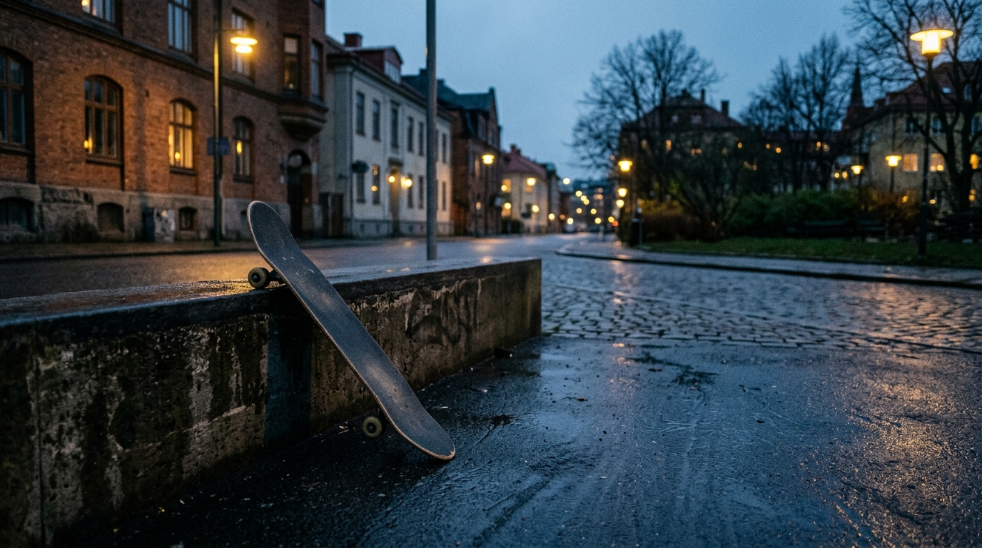 Skateboard mot en betongkant — Göteborg i skymningen