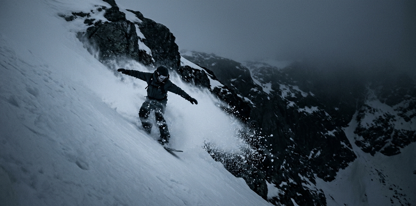Snowboarder i Riksgränsen — grått flatljus och djupsnö