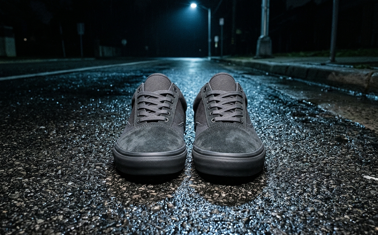 Skateskor på regnvåt asfalt