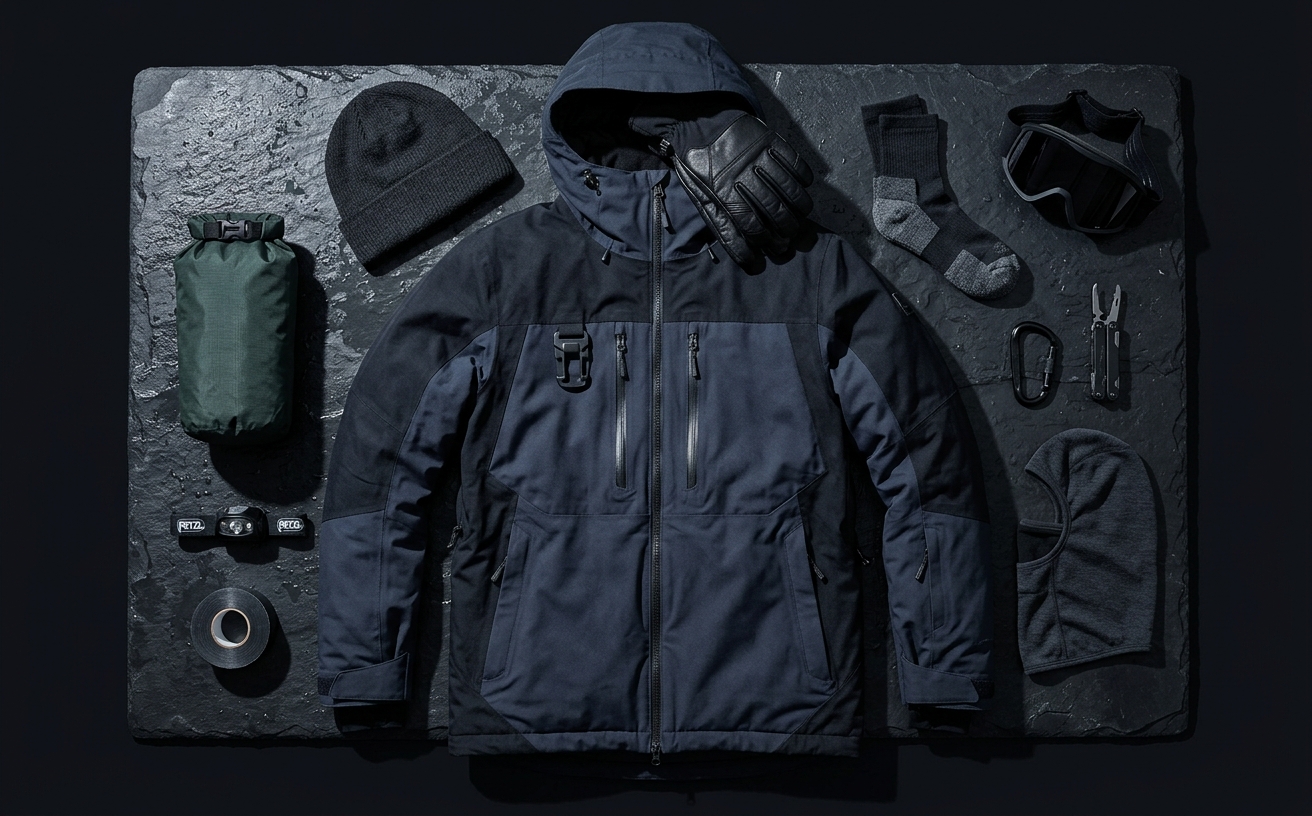 Snowboardjacka mot mörk sten